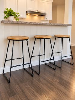 Set of 3 Wood Top Metal Bar Stools