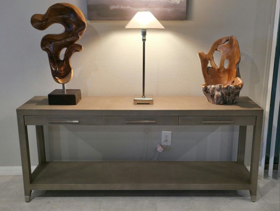 Restoration Hardware Graydon Shagreen 72 Inch Console Table With Drawers Fog Shagreen & Brushed Stainless Steel