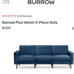 Burrow Nomad Velvet Sofa – Midnight Velvet / Chrome Legs Like-New - MSRP $1,829 - Only $730!