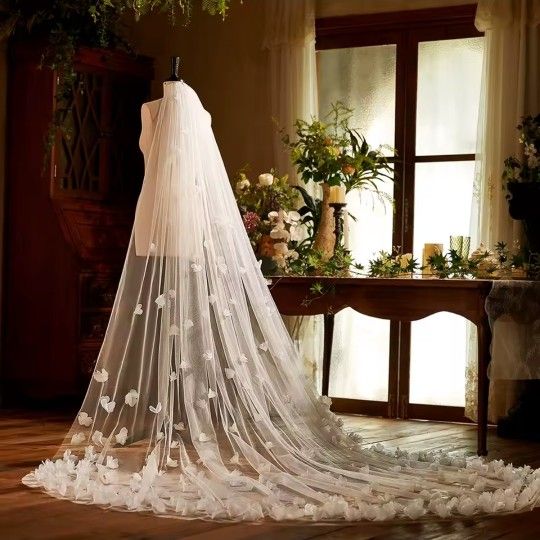 Cathedral Wedding Veil With 3D Flowers