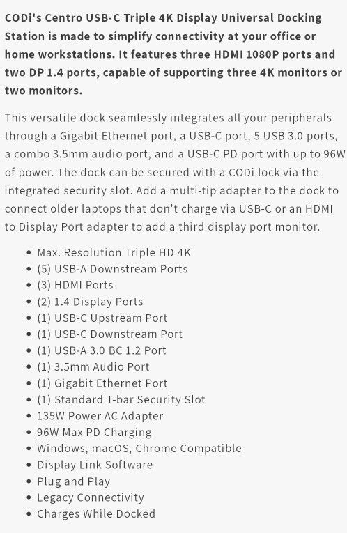 CODi A01080 Centro USB C Triple Display Docking Station
