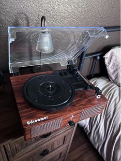 Bluetooth Record Player + Wood Vinyl Record Holder Bundle