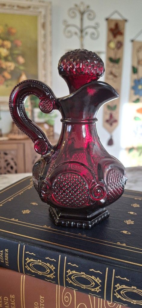 Avon Vintage 1876 Cape Cod Collection Ruby Red Glass Oil Vinegar Cruet