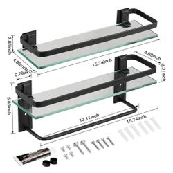 VOLPONE Glass Bathroom Shelf with Towel Bar 15.7in Bathroom Wall Shelves Rustproof Metal Bathroom Wall Organizer 2-Tier (Black) Retails For $39.99