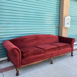 Vintage Bordello Style Blood Red Velvet Sofa w/ Claw Feet •FREE DELIVERY•