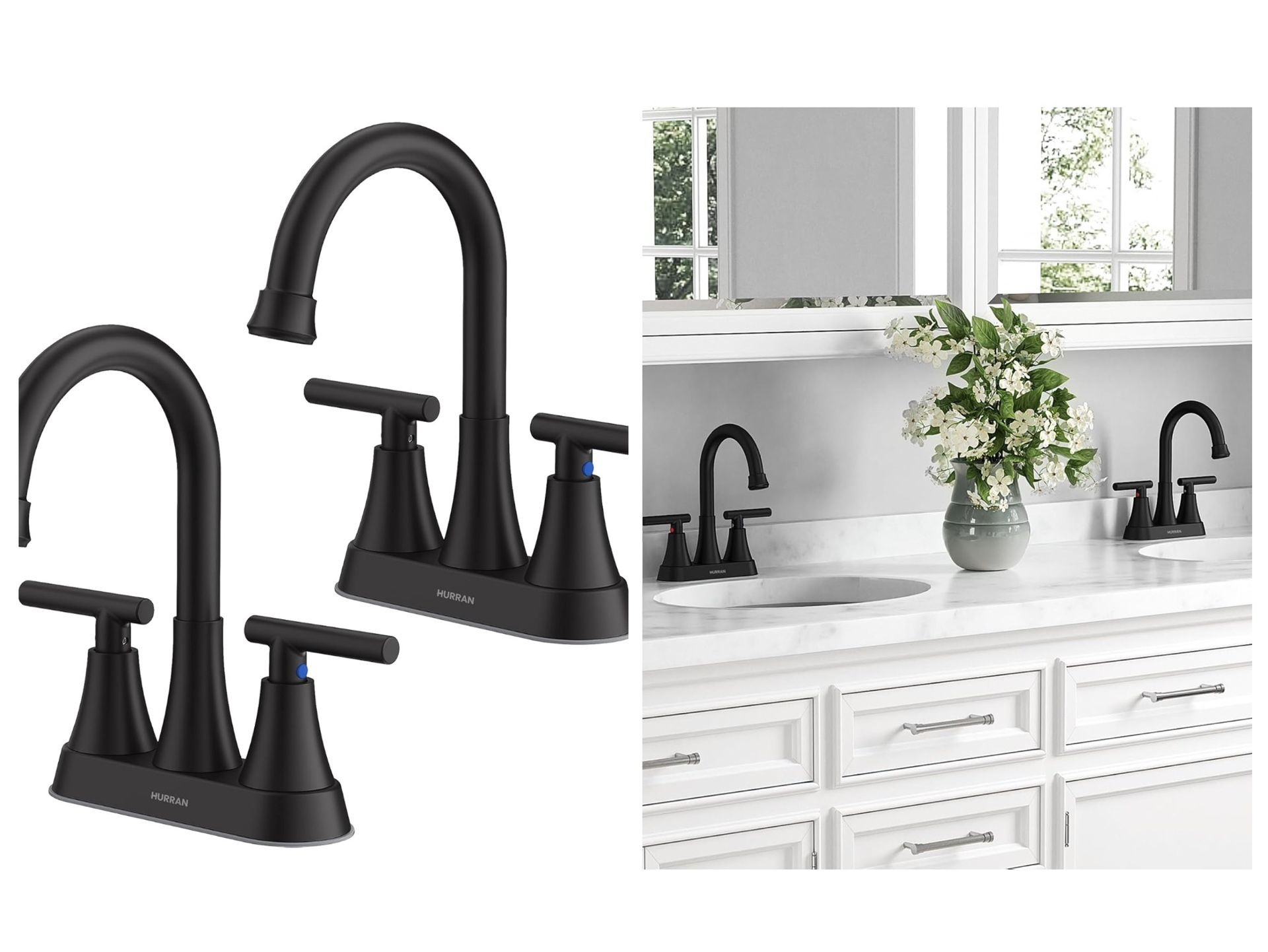 Black Bathroom Faucets for Sink 3 Hole, 2 Handle 360 Swivel Spout Stainless Steel 4 Inch Centerset Faucet for Vanity RV with Pop-up Drain and Supply H