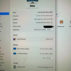 Imac 27' 2020 10-Core Intel Core i9 128gb 1TB SSD