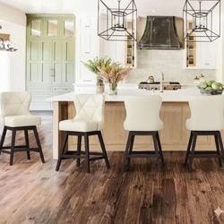 Set of 4 Ivory Solid Wood Frame Counter Stool with Back Faux Leather Upholstered Swivel Bar Stool 