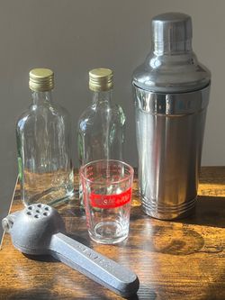 Vintage Style Barware Set with Shaker, Juicer, and Bottles