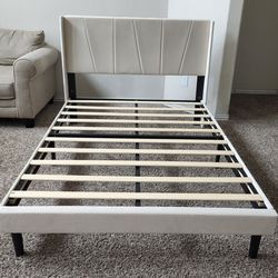 Full Size Beige Velvet Upholstered Bed Frame with Tufted Headboard, Rails and Wood Slats. No Box Spring Needed