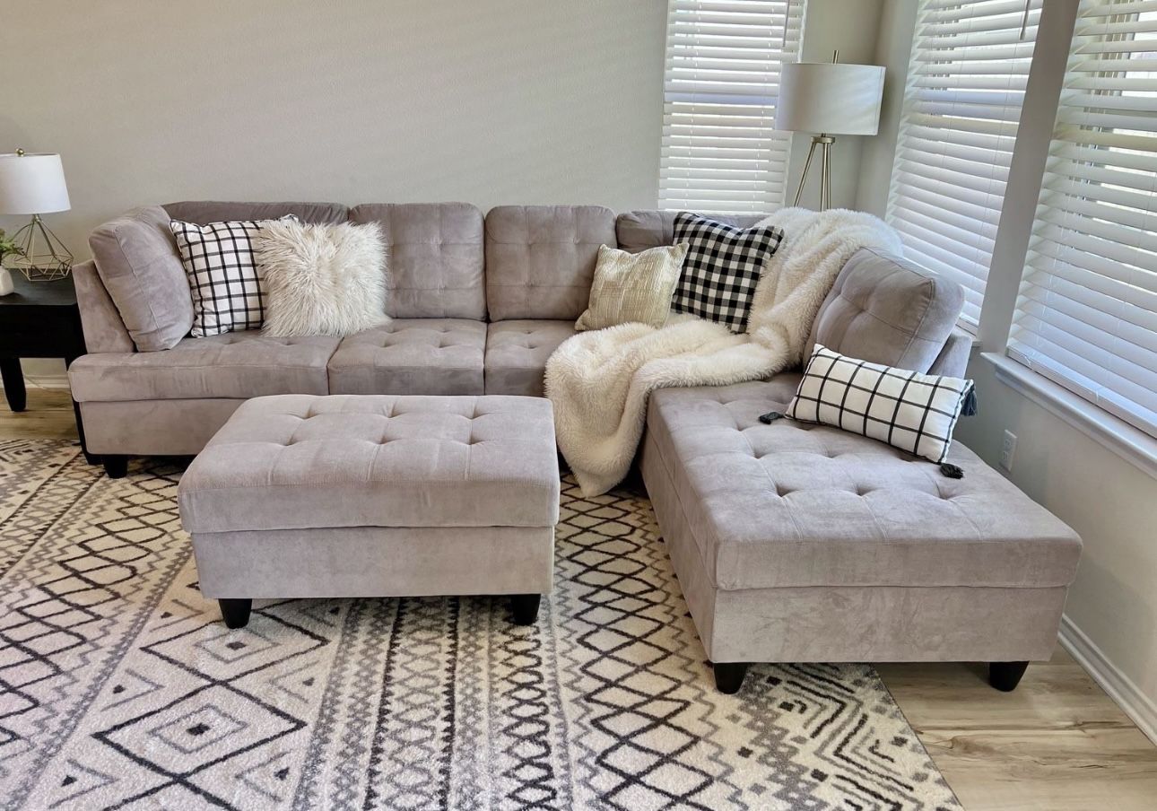 COSTCO Gray Chenille Sectional Couch And Ottoman