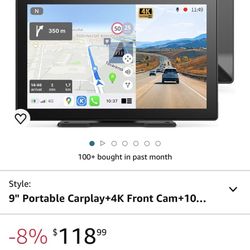 9" Portable Carplay Screen with 4K UHD Dash Cam, Wireless Apple Carplay and Android Auto Car Stereo, ADAS, 1080P Backup Camera, Voice Control, Phone M