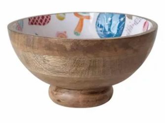 Enameled Mango Wood Footed Bowls w/ Seasonal Pattern, set of 2 - Brooklyn
