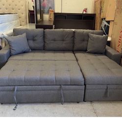 Sectional Sofa Pullout Bed W/Chaise Storage  Fabric Reversible  88”x57”X33”H