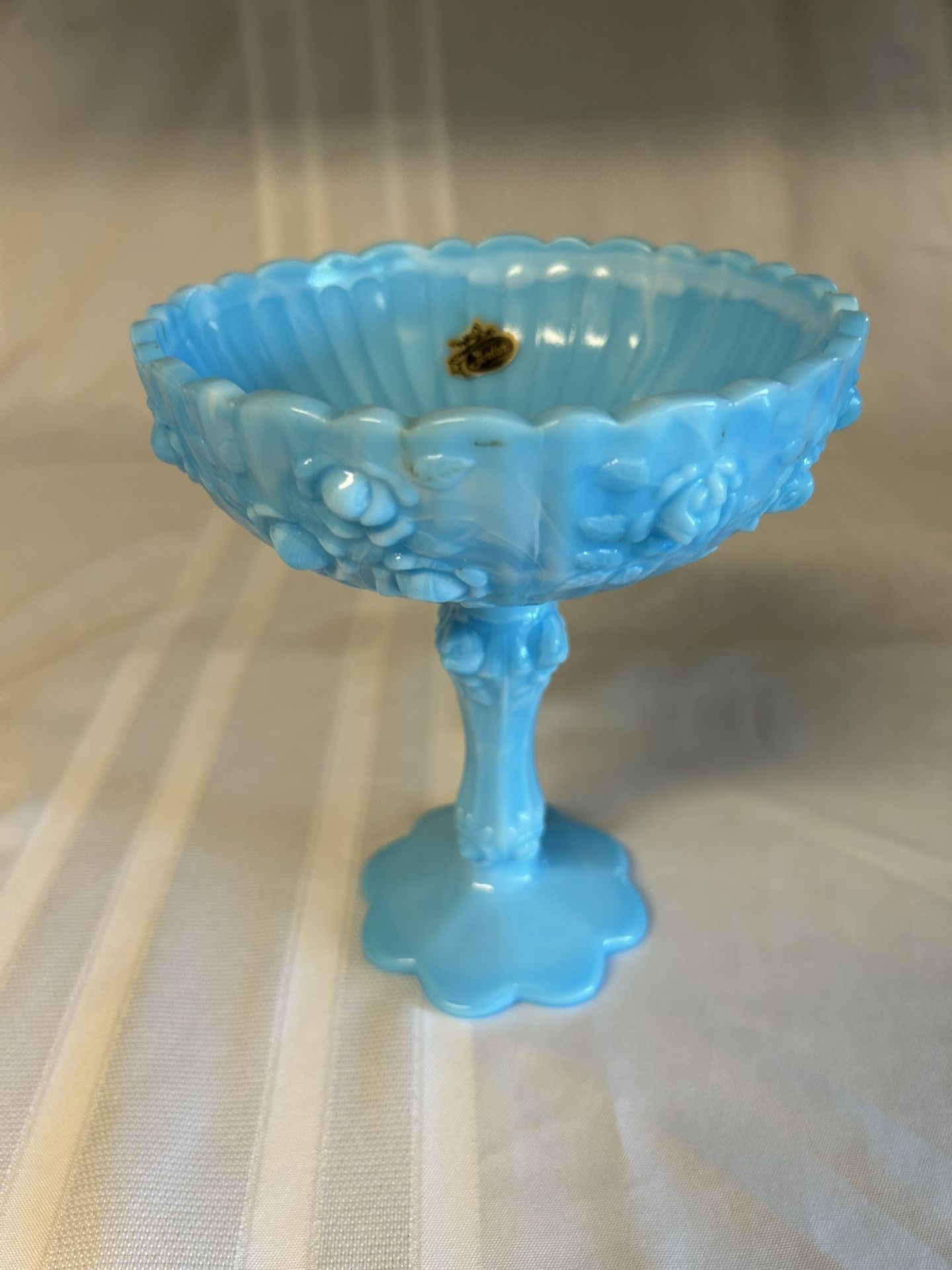 Fenton Blue Marble White Slag Cabbage Rose Compote