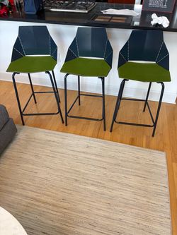 Set of 3 Blu Dot Real Good Counter Stools – Marine Blue + Green Felt Pads (barstools)