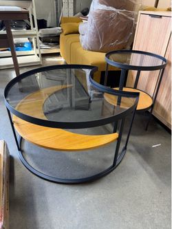 Modern Minimalist Round Coffee Table Set with Tempered Glass Top and Open Wood Storage SIelves( brand new in box)