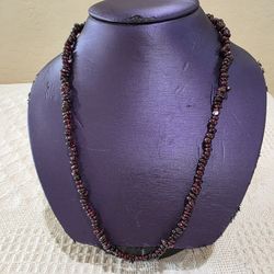 Vintage Natural Red Garnet Nugget Bead Beaded Necklace Original Silk Satin Bag