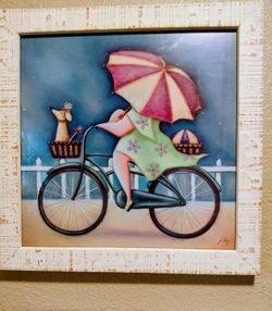 Wood Frame, 14", Whimsical bicycle art piece, Jo Perry