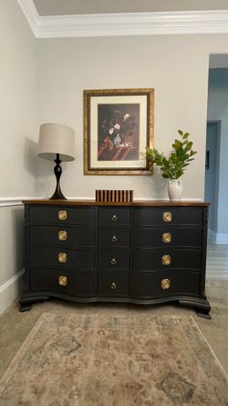 Refinished Solid Wood Morganton 12-Drawer Dresser – Walnut Top & Gold Hardware