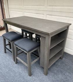 5-PC AESTHETIC HIGH TOP GRAY FINISH DINING SET (TABLE WITH SHELVES ON THE SIDE AND 4 PADDED STOOLS)
