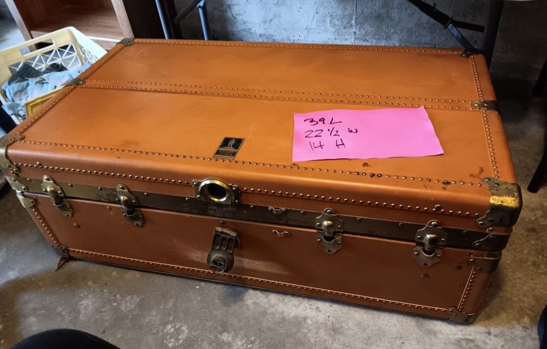 Vintage Leather Oshkosh Company Flat Top Steam Trunk