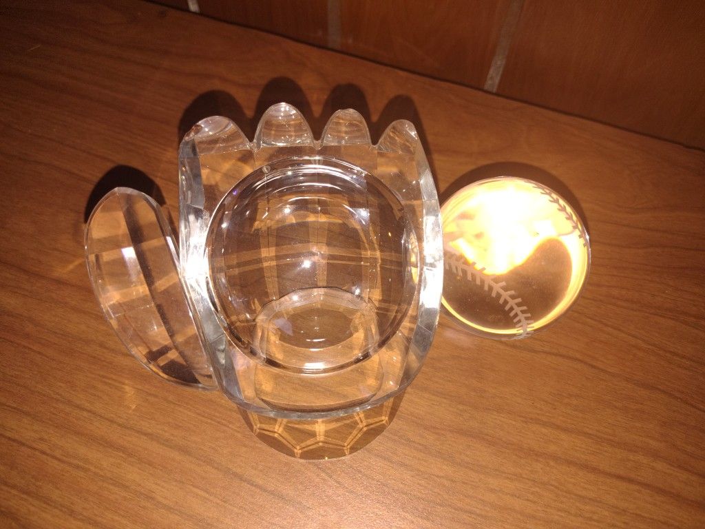 Shannon Crystal Godinger Crystal Baseball Glove holding a Crystal Baseball.