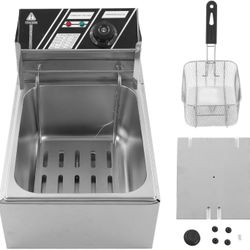 Electric Deep Fryer, 6L Stainless Steel Single Basket Electric Deep Fryer with Lid, Commercial Countertop Single Tank Oil Frying Pot with Temperature 