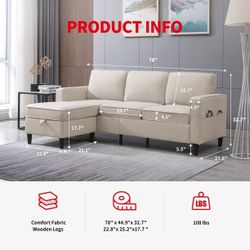NEW-Sectional Couch for Living Room, 78inch L Shaped Sectional Sofa with Storage Ottoman and Side Pocket, Living Room Furniture Set