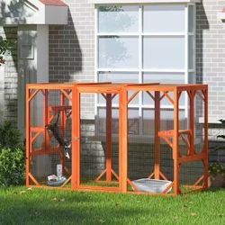 70 Inches Wide Wooden Cat Enclosure With Shelves 