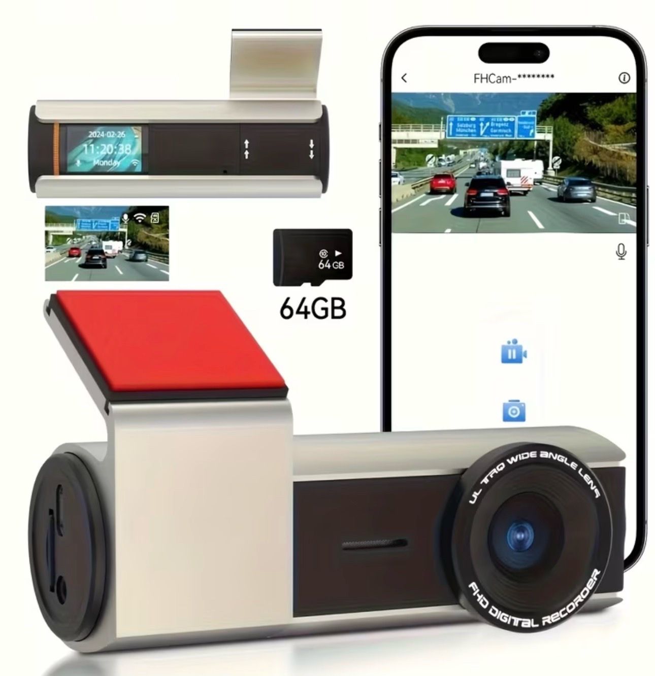 2K Front Dash Cam: Compact Car Camera, 1440P Resolution with App, 1.09" Display, Wifi Enabled with WDR Night Vision, Continuous Loop Recording, 24-Hou