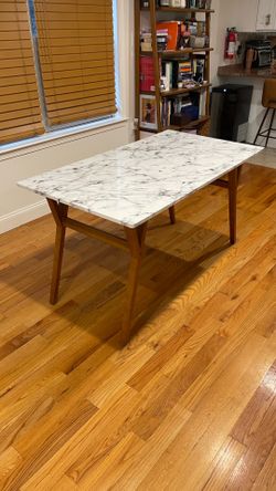 Wrought Studio Pinecone Dining Table — Faux Marble Top, Solid Wood Base (Wayfair)
