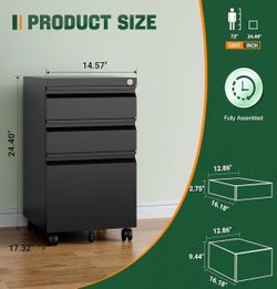 Drawer Mobile File Cabinet with Lock,Under Desk Metal Filing Cabinets for Home Office Organizer Letters/Legal/A4((Fully Assembled-Black) 