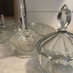 Large Vintage Glass Basket & Heavy Glass Dish w Lid 