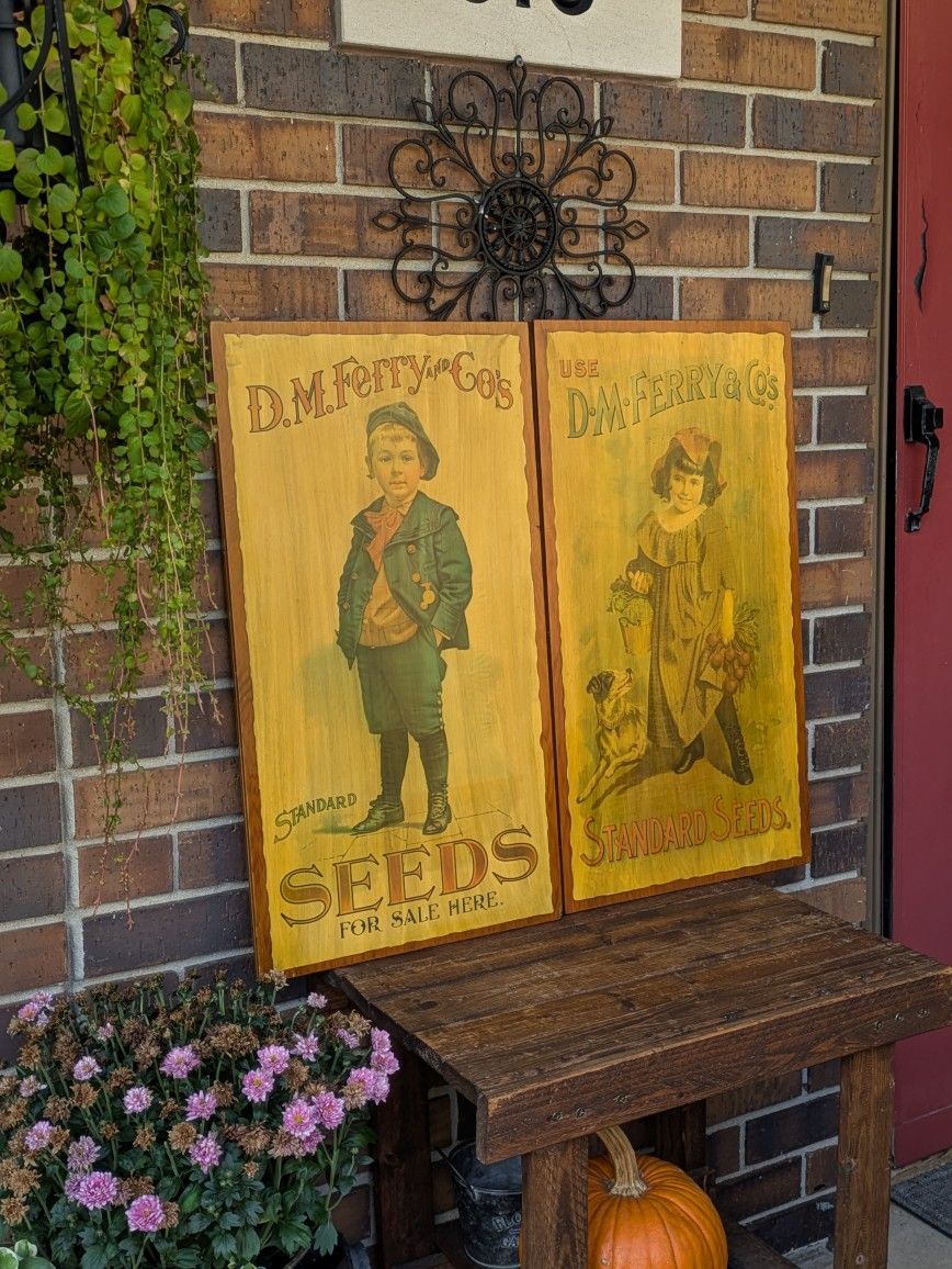 Vintage Advertising Signs Set Of Two D.M. Ferry & Co Standard Seeds On Wood