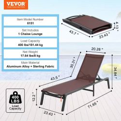Chaise Lounge Chair Outdoor, Aluminum Patio Lounge Chair with Adjustable 5-Position, Folding Pool Lounge Chair Recliner and Full Flat Tanning Chair fo