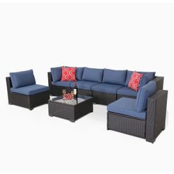 7 Pieces Outdoor Patio PE Rattan Wicker Sofa Sectional Furniture Set Conversation Set Seat Cushions & Glass Coffee Table| Patio Backyard Pool (Dark Bl
