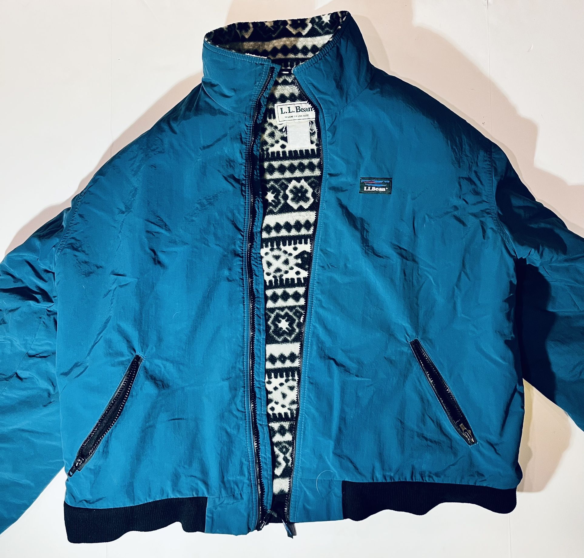 Vintage L.L. Bean Warm Up Jacket Mens XL Teal Made In USA Aztec Fleece Lined