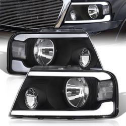 Ford F150 2004-2008 / Lincoln Mark LT 2005-2008 LED DRL Bar Factory Style Headlights Black Housing Clear Len Clear Reflector 04 - 09 