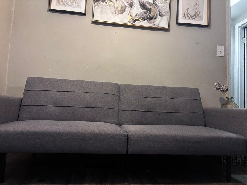 Title: Modern Gray Futon Sofa Bed - Great Condition! 💺
