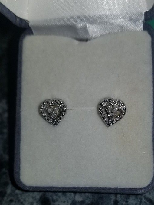 Vintage Authentic Sterling Silver And Diamond Heart Earrings.