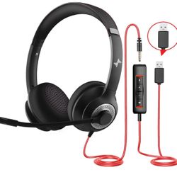 USB Headset with Microphone for PC, On-Ear Computer Laptop Headphones with Noise Cancelling Mic in-line Control for Home Office Online Class Zoom