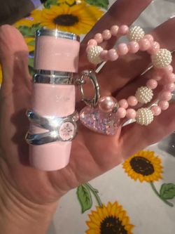 Perfume Pink Beaded Bracelet Keychain with Heart Charm