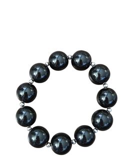 Black glass bead elastic bracelet with silver bead spacers, 7.5". EUC.