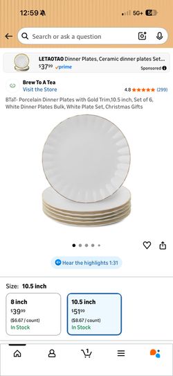 BTaT- Porcelain Dinner Plates with Gold Trim,10.5 inch, Set of 6, White Dinner Plates Bulk, White Plate Set, Christmas Gifts