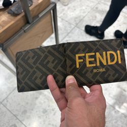 Fendi Men’s Yellow Logo Yucca Leather Bifold Brown Wallet
