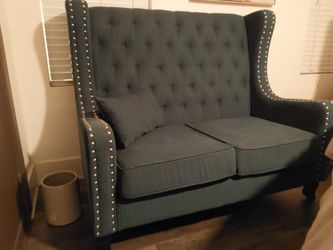 Grey/Slate Blue Tufted Wingback Loveseat with Nailhead Trim