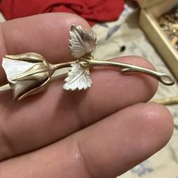 Vintage Silver and Goldtone Single Long Stem Rose Bud Pin Brooch