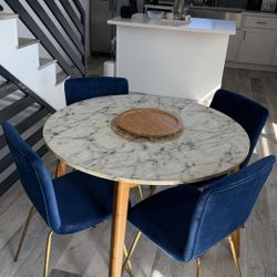 Modern Dining Set - Marble Table + 4 Blue Velvet Chairs