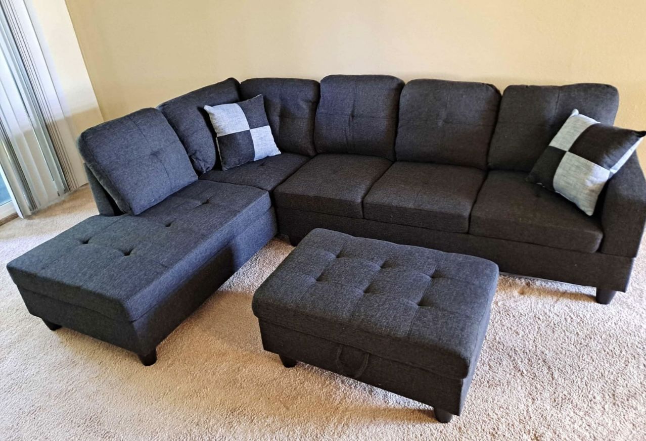 Charcoal Linen Sectional Couch And Ottoman